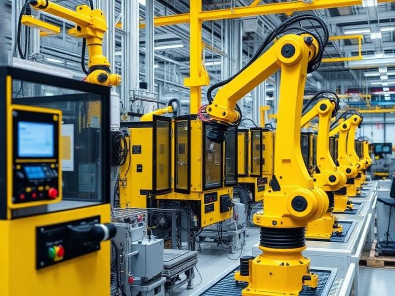 Industrial robotic arms on a factory production line